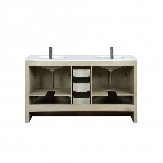 Lafarre 60" Rustic Acacia Double Bathroom Vanity, White Quartz Top, White Square Sinks, and Labaro Brushed Nickel Faucet Set