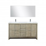 Lafarre 60" Rustic Acacia Double Vanity, White Quartz Top, Square Sinks, Labaro Brushed Nickel Faucet Set, and 55" Mirror