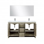 Lafarre 60" Rustic Acacia Double Vanity, White Quartz Top, Square Sinks, Labaro Brushed Nickel Faucet Set, and 55" Mirror