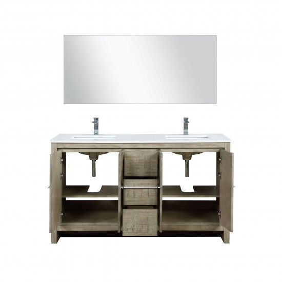Lafarre 60" Rustic Acacia Double Vanity, White Quartz Top, Square Sinks, Labaro Brushed Nickel Faucet Set, and 55" Mirror