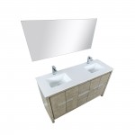 Lafarre 60" Rustic Acacia Double Vanity, White Quartz Top, Square Sinks, Labaro Brushed Nickel Faucet Set, and 55" Mirror
