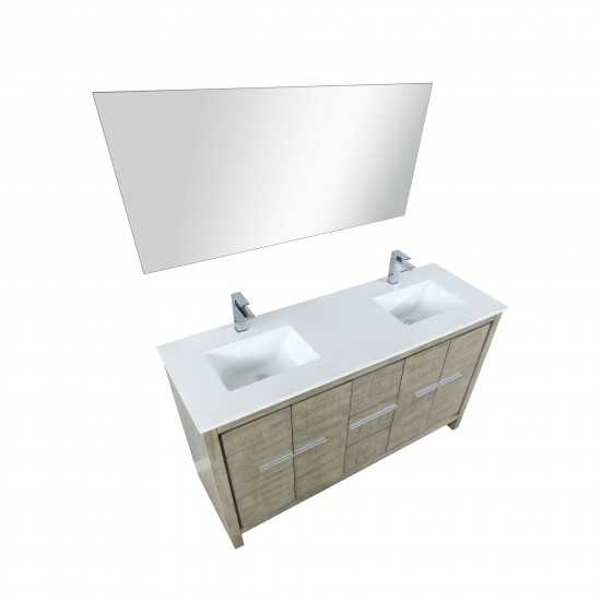 Lafarre 60" Rustic Acacia Double Vanity, White Quartz Top, Square Sinks, Labaro Brushed Nickel Faucet Set, and 55" Mirror