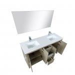 Lafarre 60" Rustic Acacia Double Vanity, White Quartz Top, Square Sinks, Labaro Brushed Nickel Faucet Set, and 55" Mirror