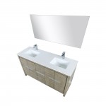 Lafarre 60" Rustic Acacia Double Vanity, White Quartz Top, Square Sinks, Labaro Brushed Nickel Faucet Set, and 55" Mirror