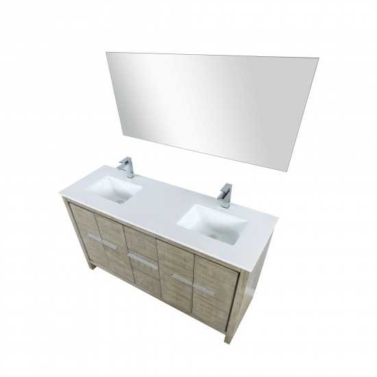 Lafarre 60" Rustic Acacia Double Vanity, White Quartz Top, Square Sinks, Labaro Brushed Nickel Faucet Set, and 55" Mirror