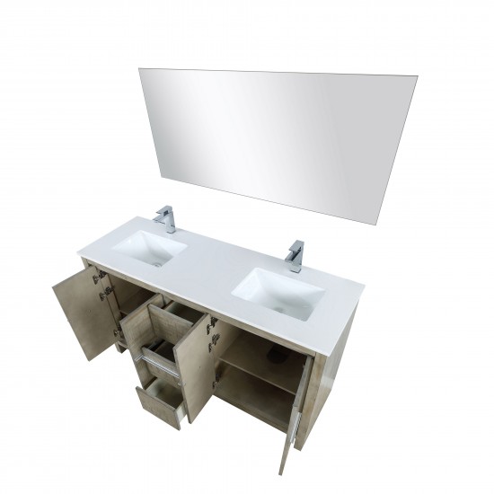 Lafarre 60" Rustic Acacia Double Vanity, White Quartz Top, Square Sinks, Labaro Brushed Nickel Faucet Set, and 55" Mirror