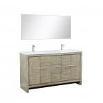 Lafarre 60" Rustic Acacia Double Vanity, White Quartz Top, Square Sinks, Labaro Brushed Nickel Faucet Set, and 55" Mirror