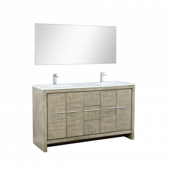 Lafarre 60" Rustic Acacia Double Vanity, White Quartz Top, Square Sinks, Labaro Brushed Nickel Faucet Set, and 55" Mirror