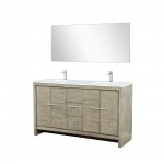 Lafarre 60" Rustic Acacia Double Vanity, White Quartz Top, Square Sinks, Labaro Brushed Nickel Faucet Set, and 55" Mirror