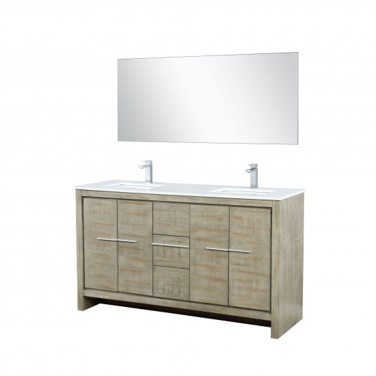Lafarre 60" Rustic Acacia Double Vanity, White Quartz Top, Square Sinks, Labaro Brushed Nickel Faucet Set, and 55" Mirror