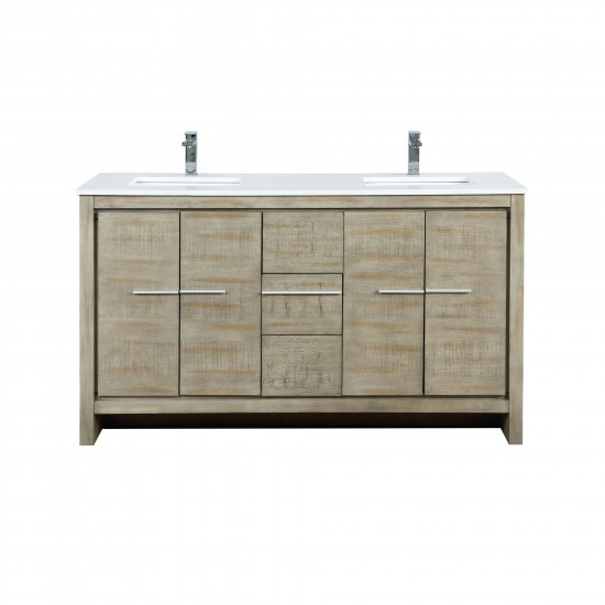 Lafarre 60" Rustic Acacia Double Bathroom Vanity, White Quartz Top, White Square Sinks, and Labaro Rose Gold Faucet Set