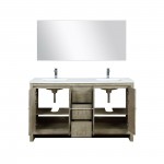 Lafarre 60" Rustic Acacia Double Vanity, White Quartz Top,Square Sinks, Labaro Rose Gold Faucet Set, and 55" Mirror