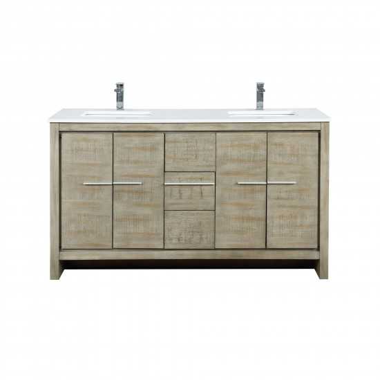 Lafarre 60" Rustic Acacia Double Bathroom Vanity, White Quartz Top, White Square Sinks, and Balzani Gun Metal Faucet Set