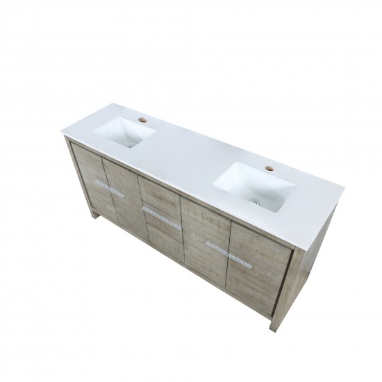 Lafarre 72" Rustic Acacia Double Bathroom Vanity, White Quartz Top, and White Square Sinks