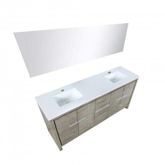 Lafarre 72" Rustic Acacia Double Bathroom Vanity, White Quartz Top, White Square Sinks, and 70" Frameless Mirror