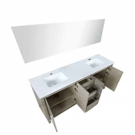 Lafarre 72" Rustic Acacia Double Bathroom Vanity, White Quartz Top, White Square Sinks, and 70" Frameless Mirror