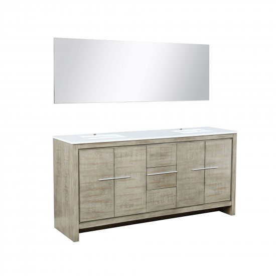 Lafarre 72" Rustic Acacia Double Bathroom Vanity, White Quartz Top, White Square Sinks, and 70" Frameless Mirror