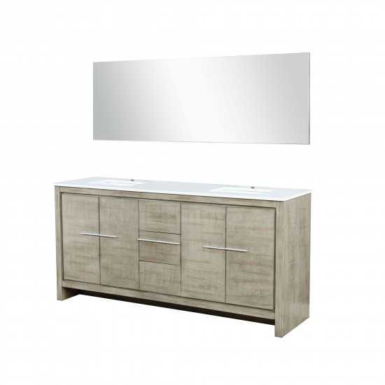 Lafarre 72" Rustic Acacia Double Bathroom Vanity, White Quartz Top, White Square Sinks, and 70" Frameless Mirror