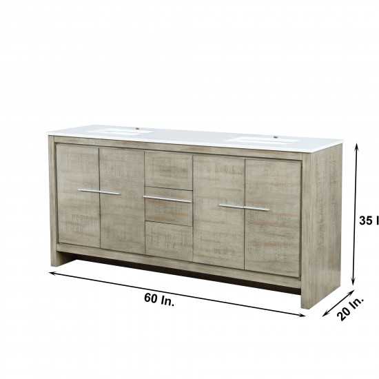 Lafarre 72" Rustic Acacia Double Bathroom Vanity, White Quartz Top, White Square Sinks, and 70" Frameless Mirror