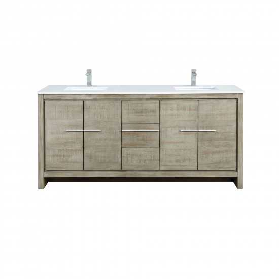 Lafarre 72" Rustic Acacia Double Bathroom Vanity, White Quartz Top, White Square Sinks, and Monte Chrome Faucet Set