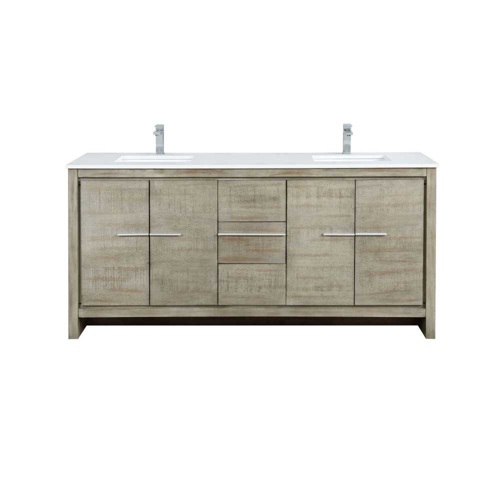 Lafarre 72" Rustic Acacia Double Bathroom Vanity, White Quartz Top, White Square Sinks, and Monte Chrome Faucet Set