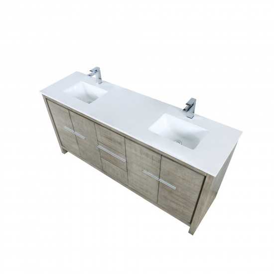 Lafarre 72" Rustic Acacia Double Bathroom Vanity, White Quartz Top, White Square Sinks, and Monte Chrome Faucet Set