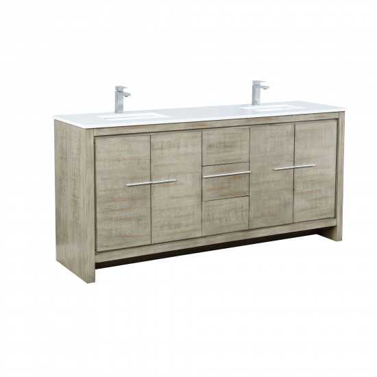 Lafarre 72" Rustic Acacia Double Bathroom Vanity, White Quartz Top, White Square Sinks, and Monte Chrome Faucet Set