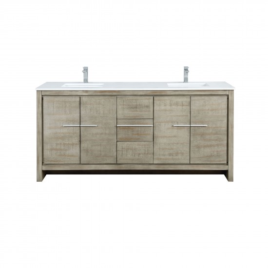 Lafarre 72" Rustic Acacia Double Bathroom Vanity, White Quartz Top, White Square Sinks, and Labaro Brushed Nickel Faucet Set