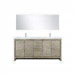 Lafarre 72" Rustic Acacia Double Vanity, White Quartz Top, Square Sinks, Labaro Brushed Nickel Faucet Set, and 70" Mirror