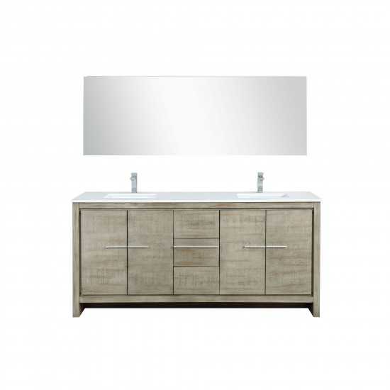 Lafarre 72" Rustic Acacia Double Vanity, White Quartz Top, Square Sinks, Labaro Brushed Nickel Faucet Set, and 70" Mirror