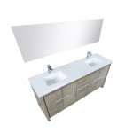 Lafarre 72" Rustic Acacia Double Vanity, White Quartz Top, Square Sinks, Labaro Brushed Nickel Faucet Set, and 70" Mirror