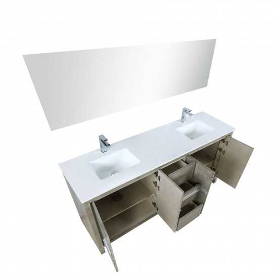 Lafarre 72" Rustic Acacia Double Vanity, White Quartz Top, Square Sinks, Labaro Brushed Nickel Faucet Set, and 70" Mirror