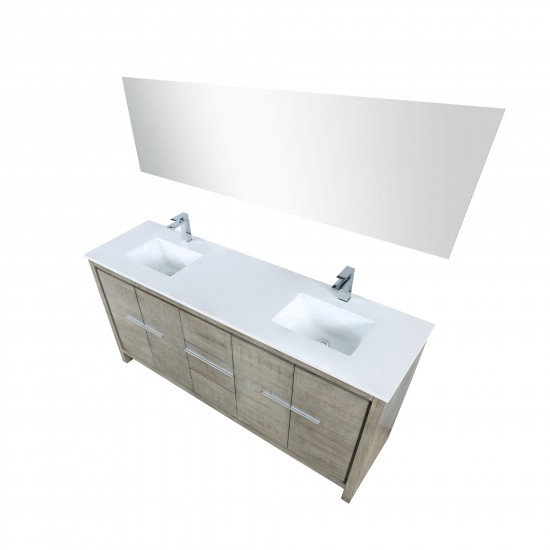 Lafarre 72" Rustic Acacia Double Vanity, White Quartz Top, Square Sinks, Labaro Brushed Nickel Faucet Set, and 70" Mirror