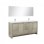 Lafarre 72" Rustic Acacia Double Vanity, White Quartz Top, Square Sinks, Labaro Brushed Nickel Faucet Set, and 70" Mirror