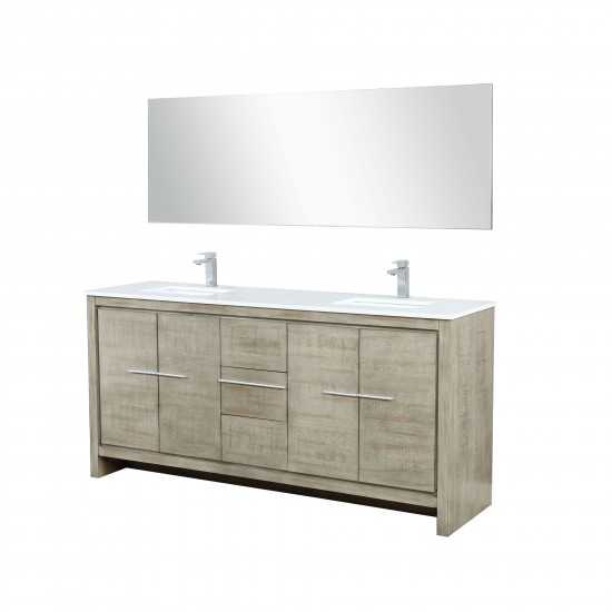 Lafarre 72" Rustic Acacia Double Vanity, White Quartz Top, Square Sinks, Labaro Brushed Nickel Faucet Set, and 70" Mirror