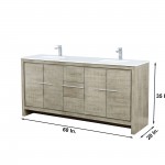 Lafarre 72" Rustic Acacia Double Vanity, White Quartz Top, Square Sinks, Labaro Brushed Nickel Faucet Set, and 70" Mirror