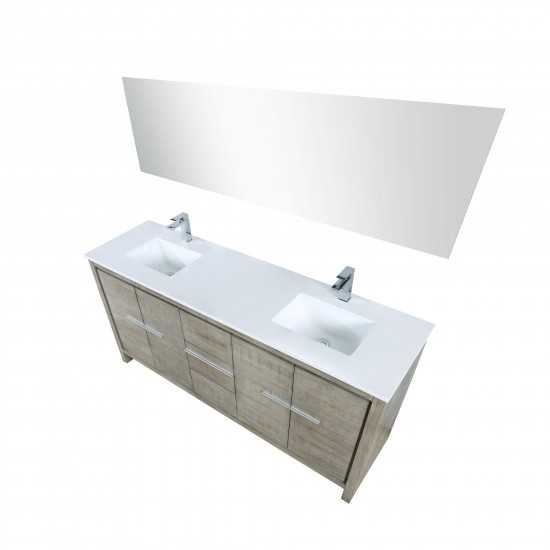 Lafarre 72" Rustic Acacia Double Vanity, White Quartz Top, Square Sinks, Labaro Rose Gold Faucet Set, and 70" Mirror