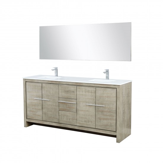 Lafarre 72" Rustic Acacia Double Vanity, White Quartz Top, Square Sinks, Labaro Rose Gold Faucet Set, and 70" Mirror