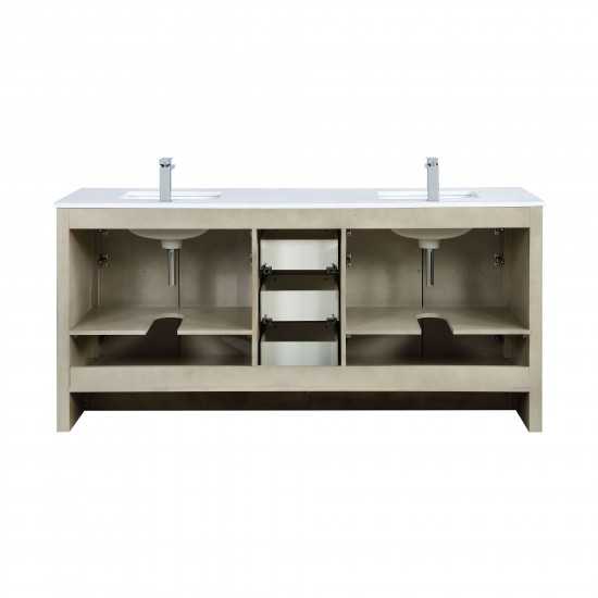 Lafarre 72" Rustic Acacia Double Vanity, White Quartz Top, Square Sinks, Labaro Rose Gold Faucet Set, and 70" Mirror