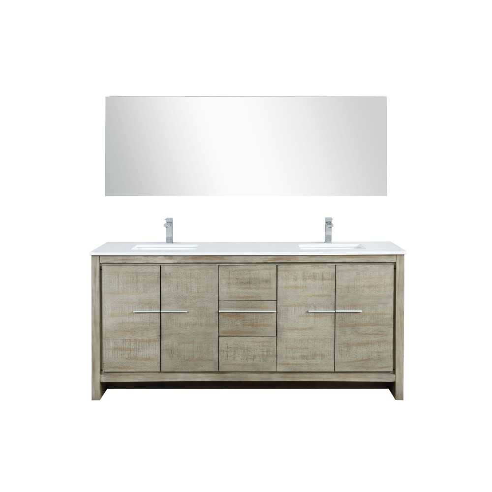 Lafarre 72" Rustic Acacia Double Vanity, White Quartz Top, Square Sinks, Balzani Gun Metal Faucet Set, and 70" Mirror Lafarre 72" Rustic Acacia Double Vanity, White Quartz Top, Square Sinks, Balzani Gun Metal Faucet Set, and 70" Mirror