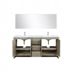 Lafarre 72" Rustic Acacia Double Vanity, White Quartz Top, Square Sinks, Balzani Gun Metal Faucet Set, and 70" Mirror
