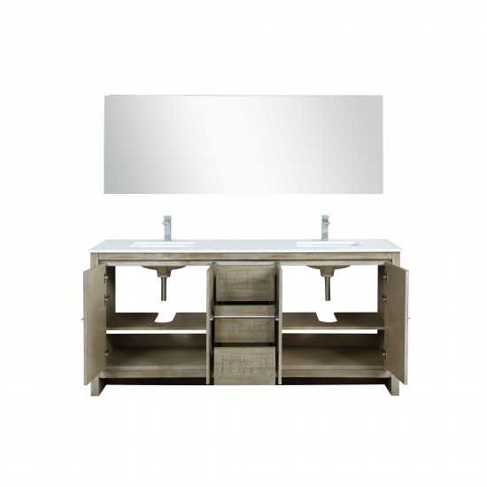 Lafarre 72" Rustic Acacia Double Vanity, White Quartz Top, Square Sinks, Balzani Gun Metal Faucet Set, and 70" Mirror