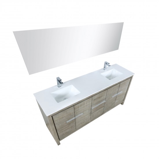 Lafarre 72" Rustic Acacia Double Vanity, White Quartz Top, Square Sinks, Balzani Gun Metal Faucet Set, and 70" Mirror