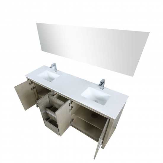 Lafarre 72" Rustic Acacia Double Vanity, White Quartz Top, Square Sinks, Balzani Gun Metal Faucet Set, and 70" Mirror