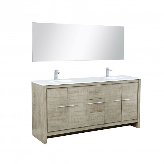 Lafarre 72" Rustic Acacia Double Vanity, White Quartz Top, Square Sinks, Balzani Gun Metal Faucet Set, and 70" Mirror