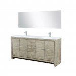 Lafarre 72" Rustic Acacia Double Vanity, White Quartz Top, Square Sinks, Balzani Gun Metal Faucet Set, and 70" Mirror