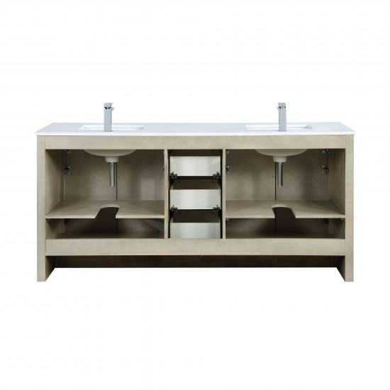 Lafarre 72" Rustic Acacia Double Vanity, White Quartz Top, Square Sinks, Balzani Gun Metal Faucet Set, and 70" Mirror