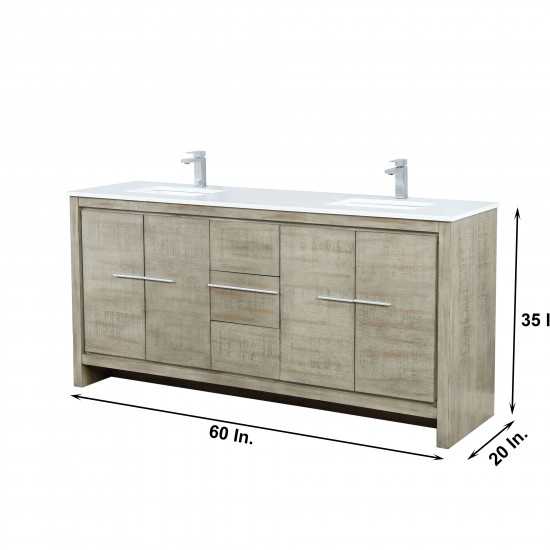 Lafarre 72" Rustic Acacia Double Vanity, White Quartz Top, Square Sinks, Balzani Gun Metal Faucet Set, and 70" Mirror