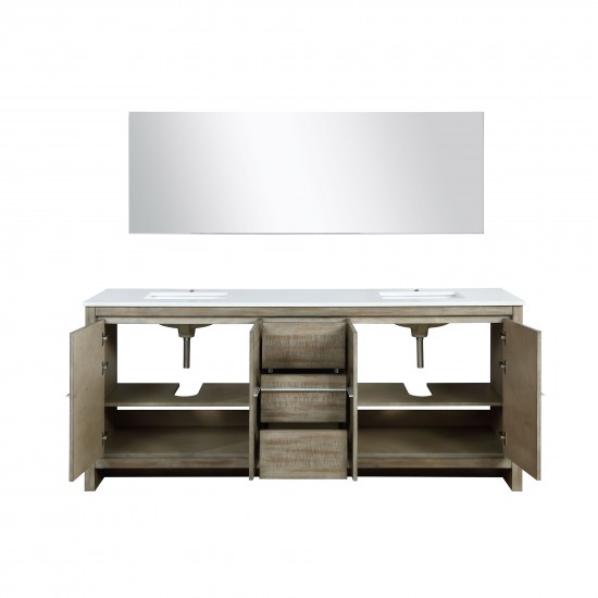 Lafarre 80" Rustic Acacia Double Bathroom Vanity, White Quartz Top, White Square Sinks, and 70" Frameless Mirror