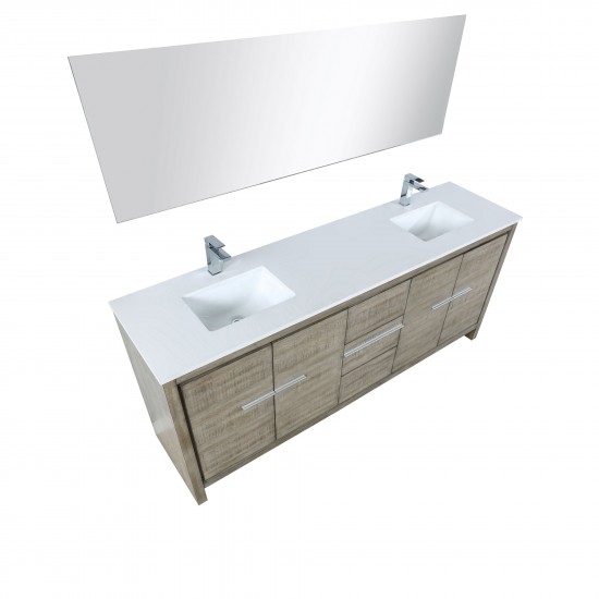 Lafarre 80 Rustic Acacia Double Vanity, White Quartz Top, White Square Sinks, Monte Chrome Faucet Set, and 70 Frameless Mirro